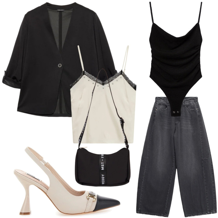 Outfit donna - Dettagli di pizzo. Stile Minimal per Tutti i giorni. Abbinamento con body, blazer, borse a tracolla, top, jeans, décolleté.