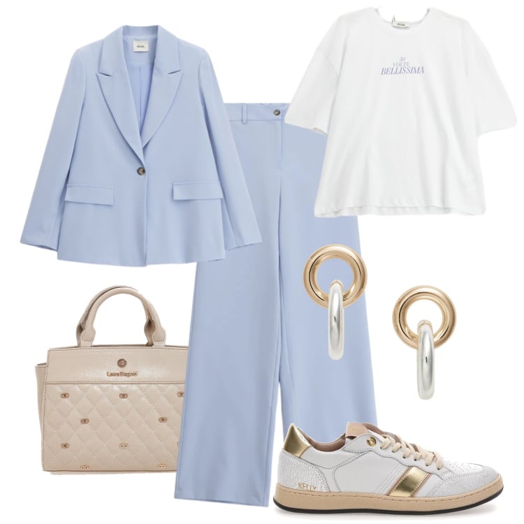 Outfit donna - Pastello SS26. Stile Casual chic per Tutti i giorni. Abbinamento con pantaloni a palazzo, blazer, t-shirt, orecchini, sneakers, borse a mano.