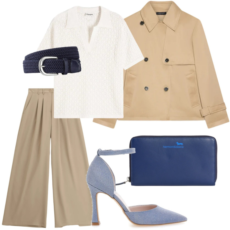 Outfit donna - Il trench corto. Stile Basic per Tutti i giorni. Abbinamento con cinture, polo, portafogli, trench, pantaloni a palazzo, décolleté.