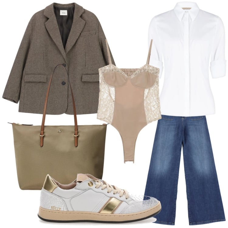 Outfit donna - Combo blazer e jeans. Stile Minimal per Tutti i giorni. Abbinamento con jeans, body, blazer, camicie, borse tote, sneakers.