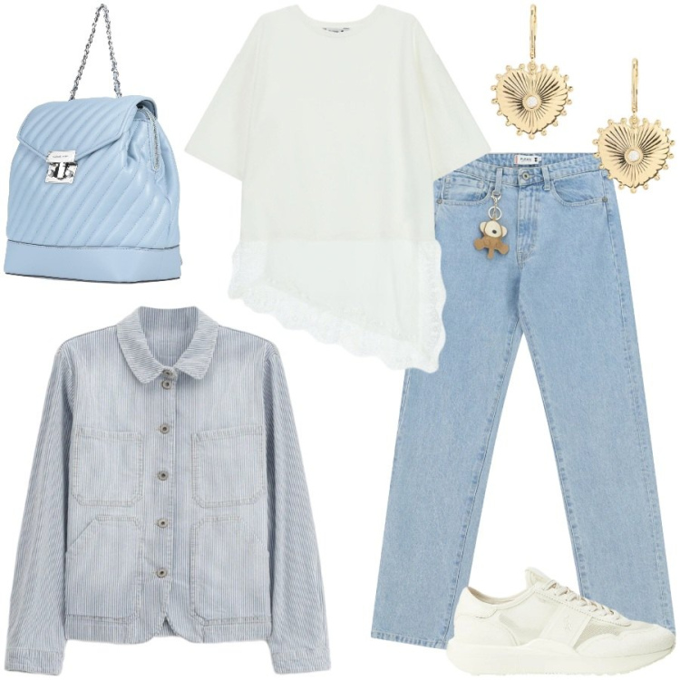 Outfit donna - Primavera in denim. Stile Casual chic per Tutti i giorni. Abbinamento con zaini, jeans dritti, blazer, top, sneakers, orecchini.