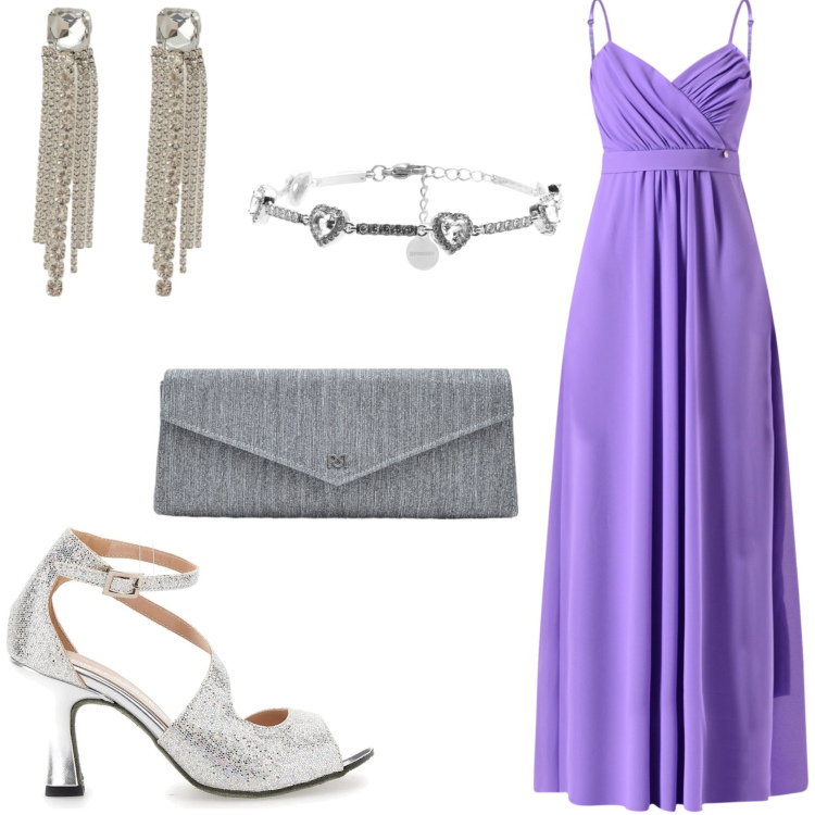 Outfit donna - Metti una sera di giugno. Stile Glamour per Cerimonia. Abbinamento con orecchini, braccialetti, pochette, vestiti lunghi, décolleté.