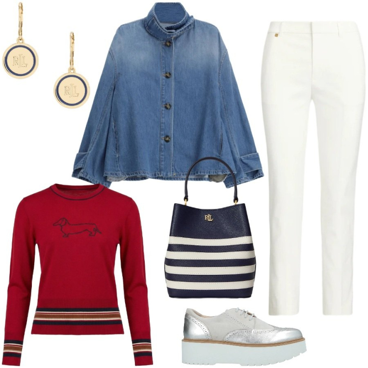 Outfit donna - Passeggiata al mare. Stile Casual chic per Tutti i giorni. Abbinamento con scarpe stringate, maglieria, blazer, pantaloni, borse a secchiello, orecchini.