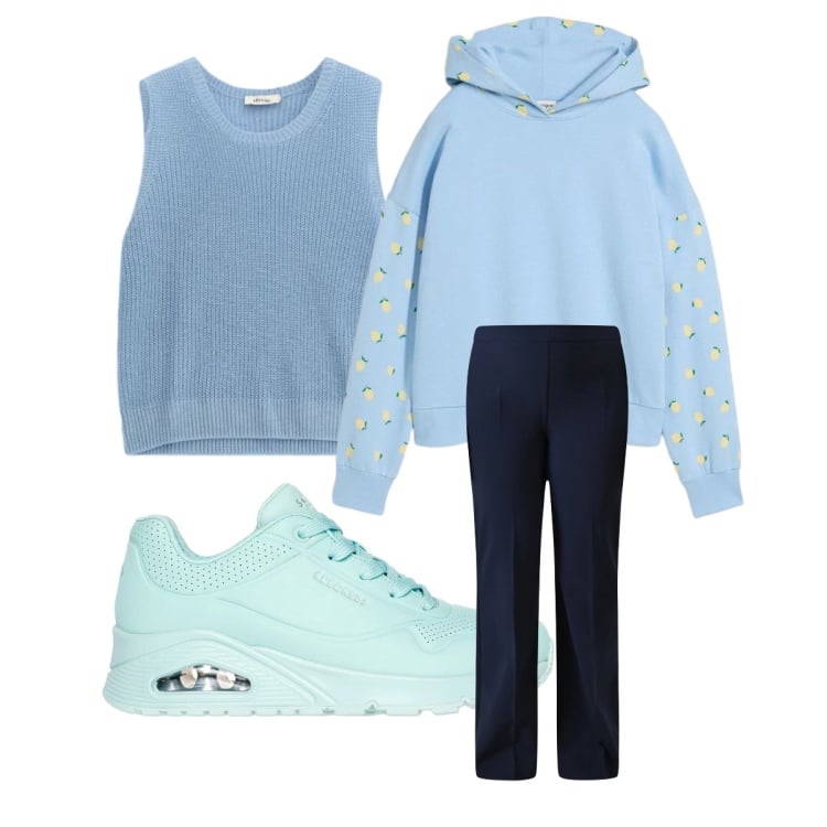 Outfit donna - Blue is the New Season. Stile Minimal per Tutti i giorni. Abbinamento con felpe con cappuccio, pantaloni, maglieria, sneakers.