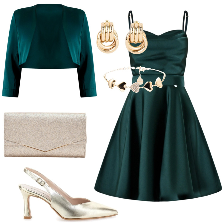 Outfit donna - Verde smeraldo. Stile Glamour per Serata fuori. Abbinamento con orecchini, braccialetti, clutch, vestiti corti, bolero, décolleté.