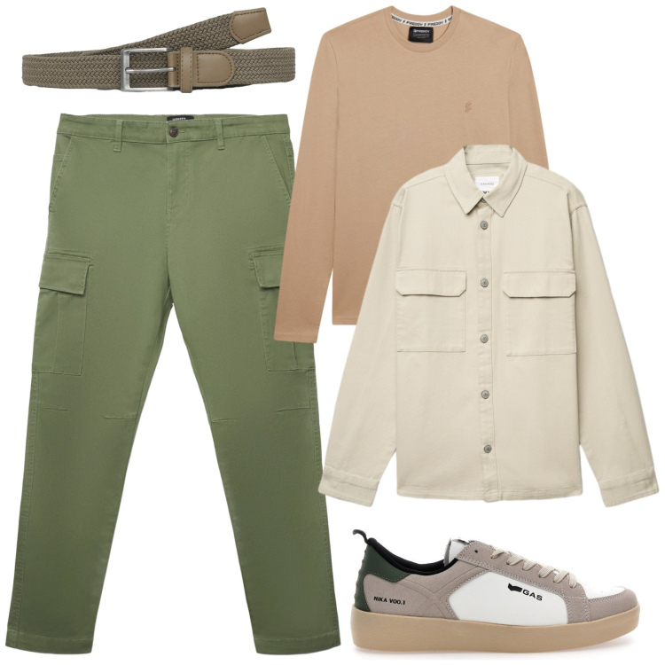 Outfit uomo - L\'aperitivo con gli amici. Stile Casual per Tutti i giorni. Abbinamento con cinture, pantaloni cargo, cappotti, t-shirt, sneakers.
