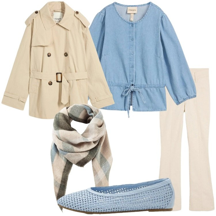Outfit donna - bonprix - Look primaverili. Stile Basic per Tutti i giorni. Abbinamento con sciarpe, jeans bootcut, camicie, trench, ballerine.