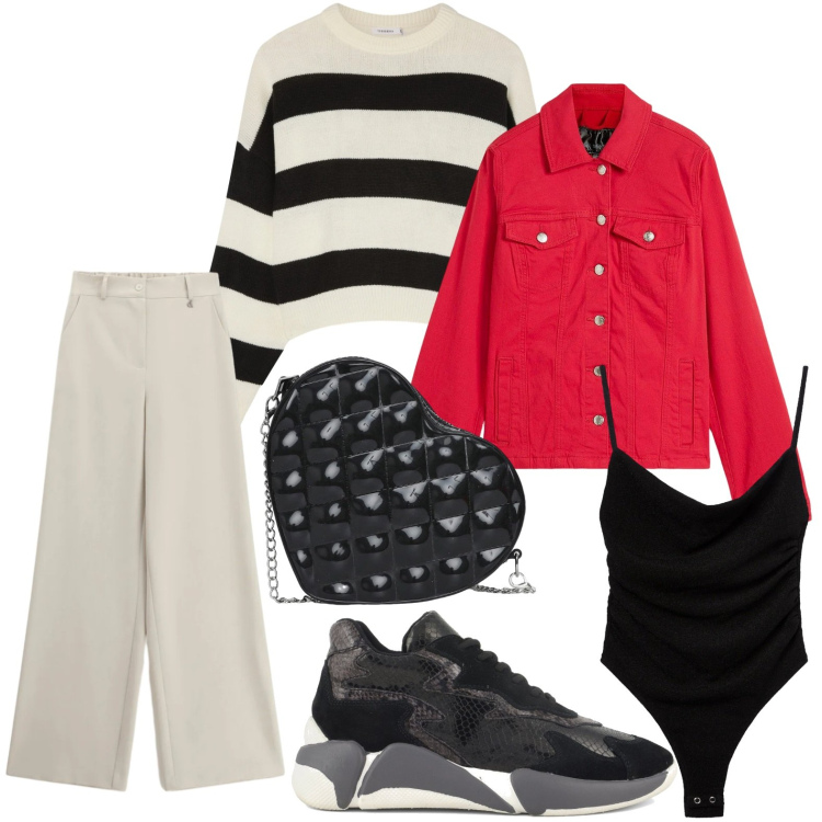 Outfit donna - La bag cuore. Stile Minimal per Tutti i giorni. Abbinamento con blazer, maglieria, body, borse a tracolla, pantaloni a palazzo, sneakers alte.