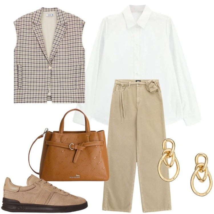 Outfit donna - Total look #2351867. Stile Mannish per Ufficio. Abbinamento con borse a mano, pantaloni a palazzo, camicie, gilet, orecchini, sneakers.