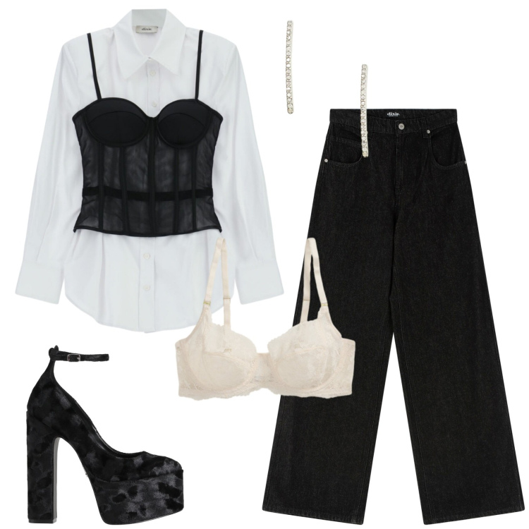 Outfit donna - Alternativo. Stile Trendy per Serata fuori. Abbinamento con décolleté, pantaloni a palazzo, camicie, reggiseni, orecchini.