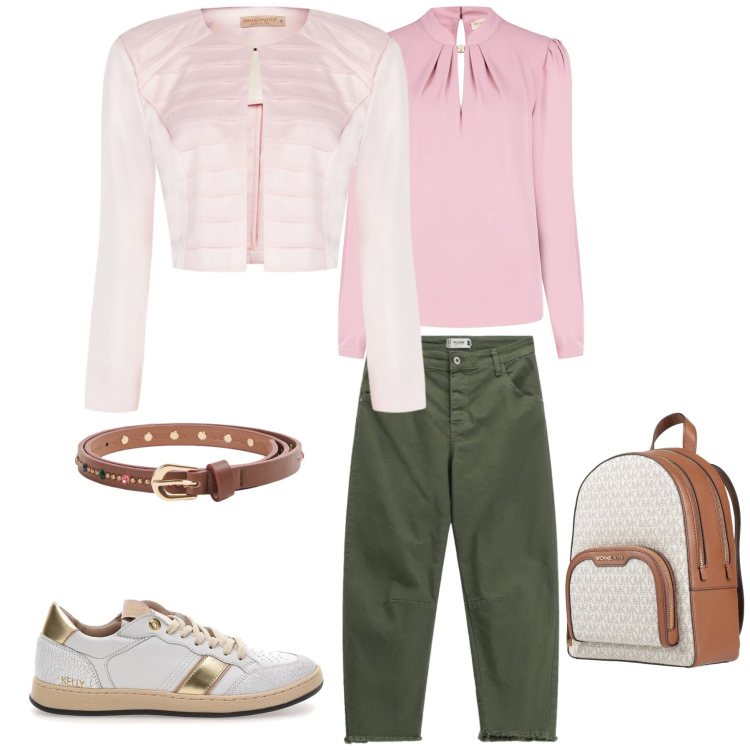 Outfit donna - Eleganza Pastello & Army Green. Stile Casual chic per Tutti i giorni. Abbinamento con zaini, cinture, pantaloni, bolero, bluse, sneakers.