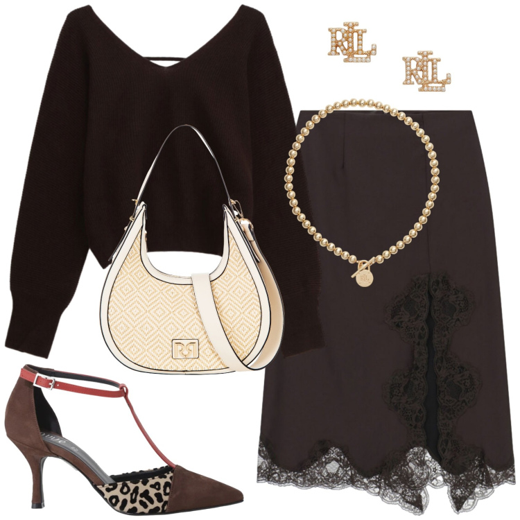 Outfit donna - Per una serata fuori. Stile Trendy per Serata fuori. Abbinamento con maglieria, gonne longuette, décolleté, borse a mano, collane, orecchini.