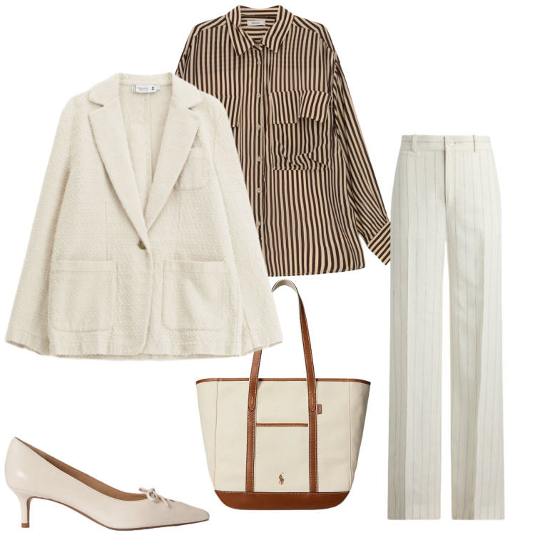 Outfit donna - Eleganza Rigata & Toni Neutri. Stile Urban per Tutti i giorni. Abbinamento con camicie, blazer, borse tote, décolleté, pantaloni.