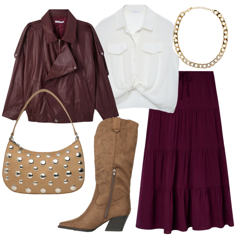 Outfit donna - Accenti di stile. Stile Trendy per Tutti i giorni. Abbinamento con gonne lunghe, camicie, stivali, collane, borse a tracolla, giacche.