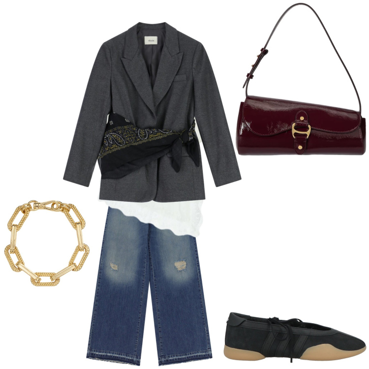 Outfit donna - Rock spring. Stile Casual chic per Tutti i giorni. Abbinamento con ballerine, blazer, jeans dritti, top, borse a spalla, braccialetti.