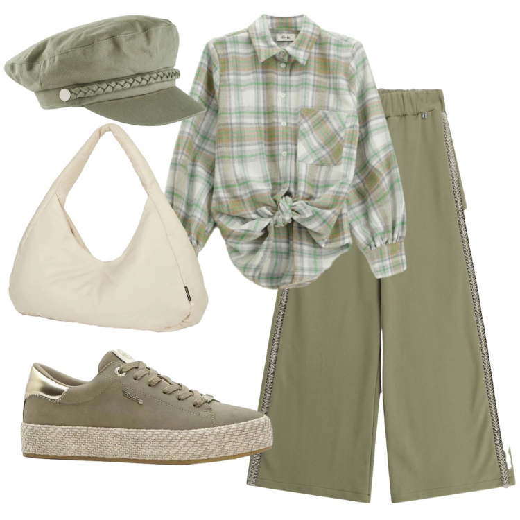 Outfit donna - Total look #2351896. Stile Casual per Tutti i giorni. Abbinamento con cappelli, sneakers, camicie, pantaloni a palazzo, borse a spalla.