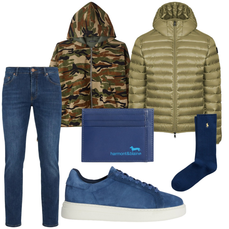 Outfit uomo - Accessori blu. Stile Casual per Tutti i giorni. Abbinamento con sneakers, jeans, portafogli, felpe con cappuccio, bomber, calzini.