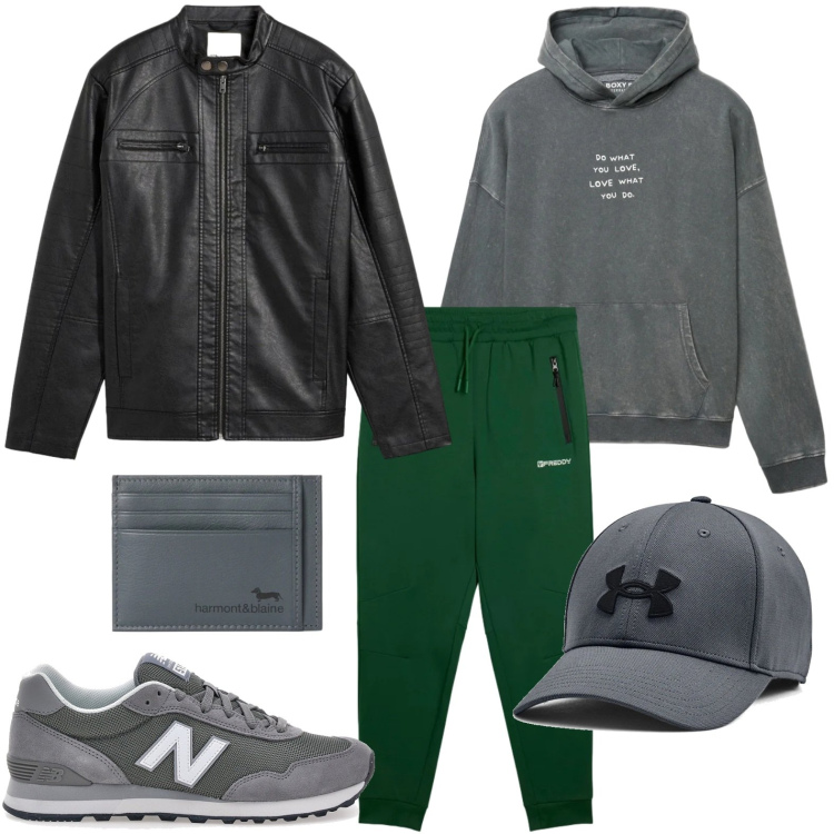 Outfit uomo - Pelle e felpa. Stile Casual per Tutti i giorni. Abbinamento con giacche, portafogli, felpe con cappuccio, pantaloni, sneakers, cappelli.