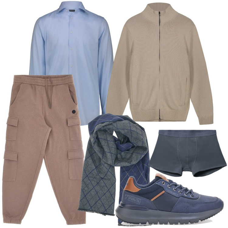Outfit uomo - Cargo e sneacker. Stile Casual per Tutti i giorni. Abbinamento con boxer, sciarpe, cardigans, camicie, pantaloni cargo, sneakers.