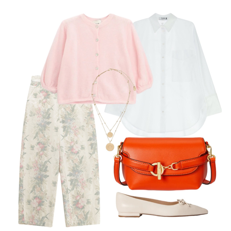 Outfit donna - Marzo. Stile Bon Ton per Tutti i giorni. Abbinamento con cardigans, pantaloni a palazzo, camicie, borse a tracolla, ballerine, ciondoli.