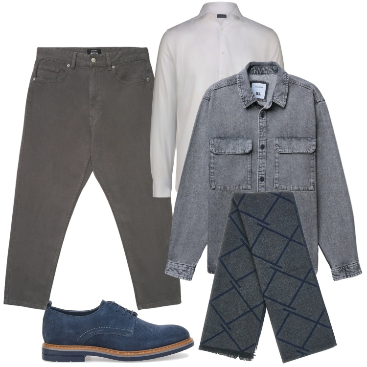 Outfit uomo - Giacca grigia in denim. Stile Trendy per Tutti i giorni. Abbinamento con pantaloni, cappotti, scarpe stringate, camicie, sciarpe.