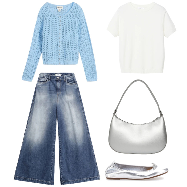 Outfit donna - Azzurro tutti i giorni. Stile Casual per Tutti i giorni. Abbinamento con cardigans, borse a tracolla, t-shirt, jeans, ballerine.