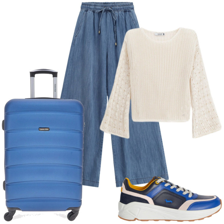 Outfit donna - Benvenuta primavera. Stile Casual per Tutti i giorni. Abbinamento con sneakers, maglieria, jeans, valigie.