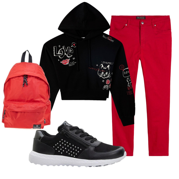 Outfit donna - Total look #2351932. Stile Casual per Tutti i giorni. Abbinamento con pantaloni, sneakers, felpe con cappuccio, zaini.