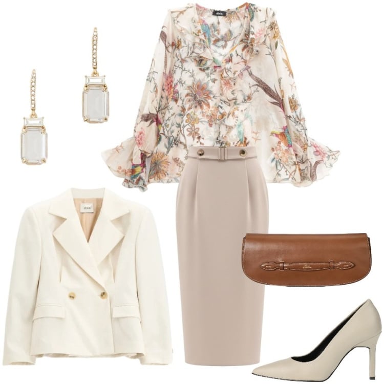 Outfit donna - Cerimonia in primavera. Stile Bon Ton per Cerimonia. Abbinamento con décolleté, gonne longuette, clutch, orecchini, bluse, blazer.