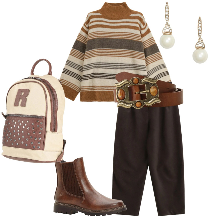 Outfit donna - Total look #2351937. Stile Casual chic per Tutti i giorni. Abbinamento con zaini, stivaletti, maglieria, cinture, pantaloni a palazzo, orecchini.