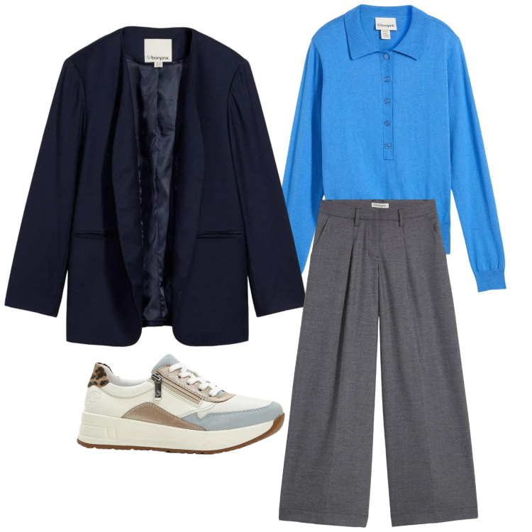 Outfit donna - Colori primaverili. Stile Basic per Tutti i giorni. Abbinamento con pantaloni, blazer, sneakers, polo.