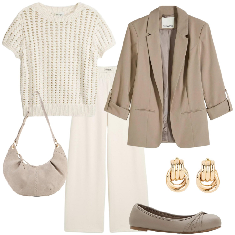 Outfit donna - Look primaverile. Stile Casual chic per Tutti i giorni. Abbinamento con bluse, blazer, pantaloni, ballerine, borse a tracolla, orecchini.