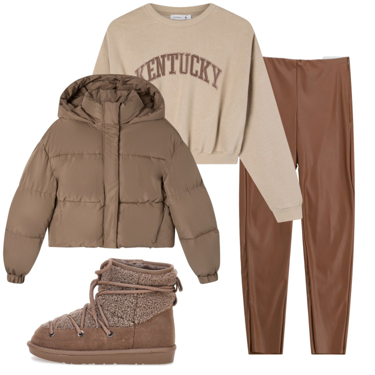 Outfit donna - Total look #2351942. Stile Casual per Tutti i giorni. Abbinamento con bomber, felpe, pantaloni skinny, stivali da neve.