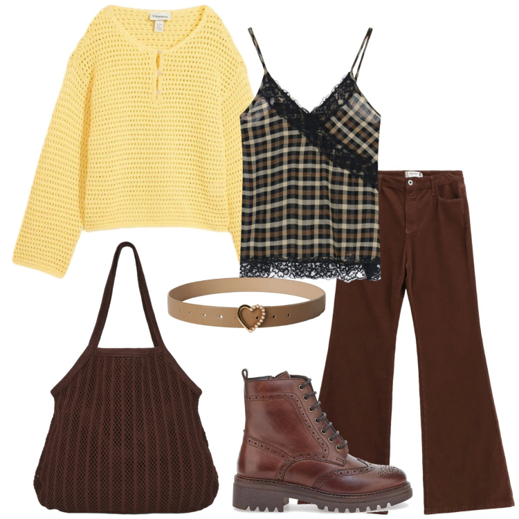 Outfit donna - Total look #2351943. Stile Casual chic per Tutti i giorni. Abbinamento con maglieria, cinture, shopping bag, top, pantaloni, anfibi.