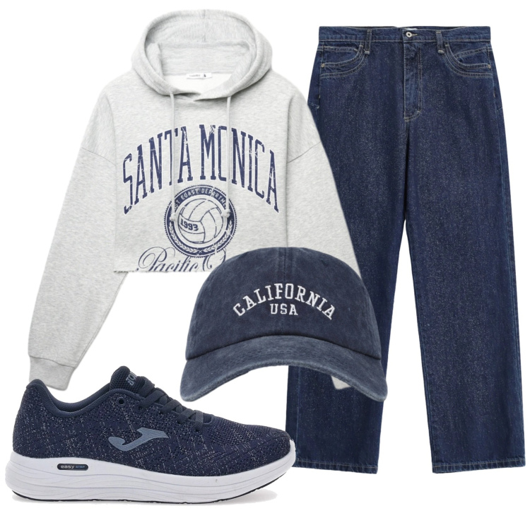 Outfit donna - Total look #2351944. Stile Casual per Scuola/Università. Abbinamento con cappelli con visiera, felpe, jeans dritti, sneakers.