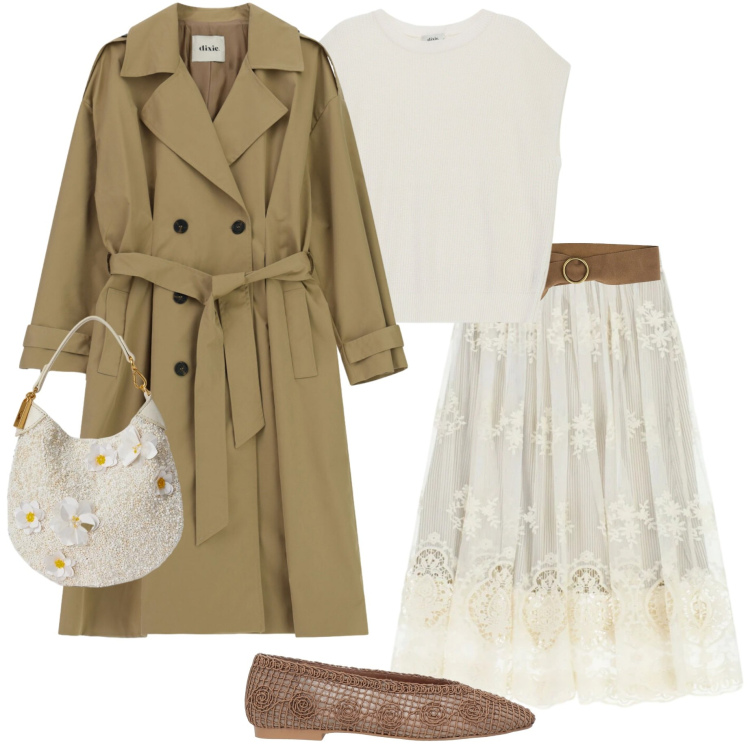 Outfit donna - Bantoa SS 26. Stile Casual chic per Serata fuori. Abbinamento con ballerine, gonne longuette, top, trench, cinture, pochette.