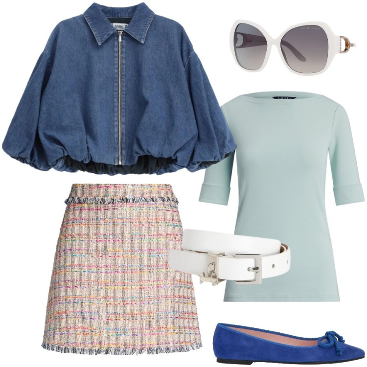 Outfit donna - Colori di primavera. Stile Preppy per Tutti i giorni. Abbinamento con minigonne, ballerine, cinture, blazer, t-shirt, occhiali da sole.