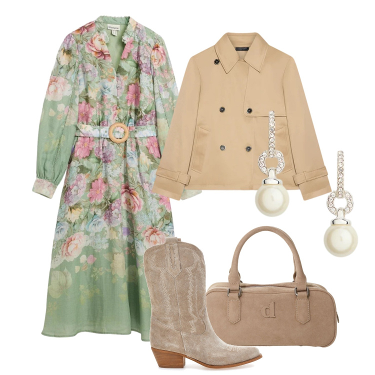 Outfit donna - Primavera boho chic. Stile Boho per Tutti i giorni. Abbinamento con vestiti midi/longuette, trench, cappotti, orecchini, stivaletti texani.