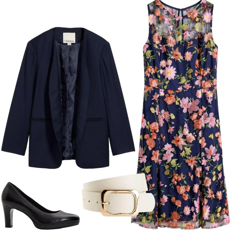 Outfit donna - Total look #2351950. Stile Casual chic per Cerimonia. Abbinamento con vestiti midi/longuette, blazer, décolleté, cinture.