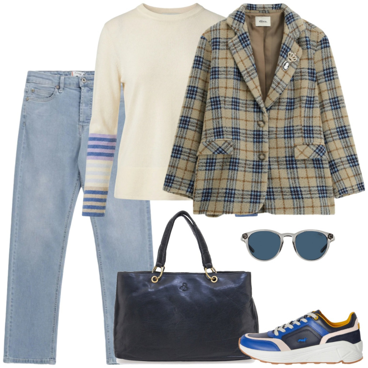 Outfit donna - Del blu. Stile Casual per Tutti i giorni. Abbinamento con pullovers, sneakers, blazer, jeans, occhiali da sole, borse a mano.