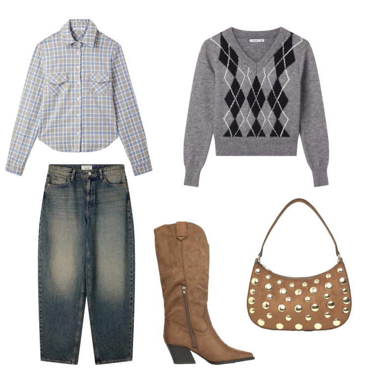 Outfit donna - Nuove tendenze. Stile Urban per Tutti i giorni. Abbinamento con jeans, borse a tracolla, pullovers, stivali, camicie.