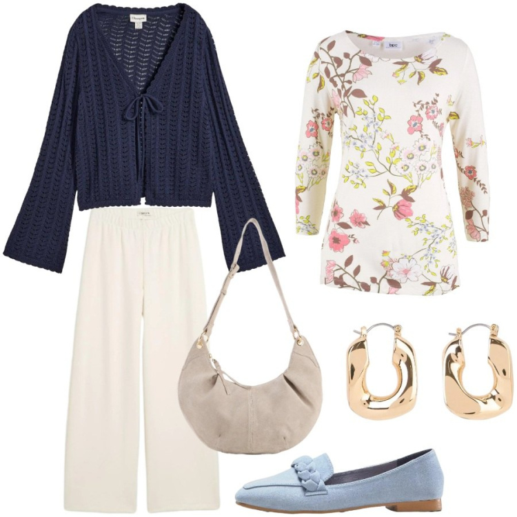 Outfit donna - In ufficio. Stile Casual per Ufficio. Abbinamento con cardigans, pantaloni, maglieria, mocassini, orecchini, borse a tracolla.