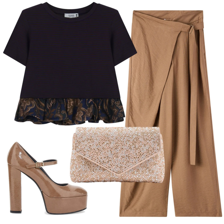 Outfit donna - Total look #2351955. Stile Trendy per Serata fuori. Abbinamento con pantaloni, t-shirt, pochette, scarpe col tacco.