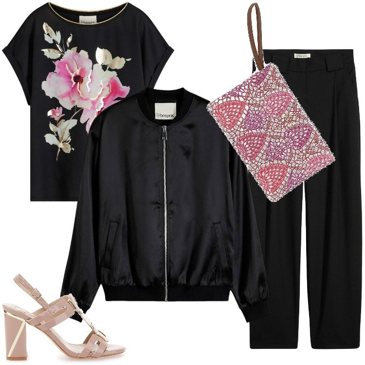 Outfit donna - Total look #2351956. Stile Sporty chic per Serata fuori. Abbinamento con bluse, pantaloni, bomber, sandali col tacco, pochette.