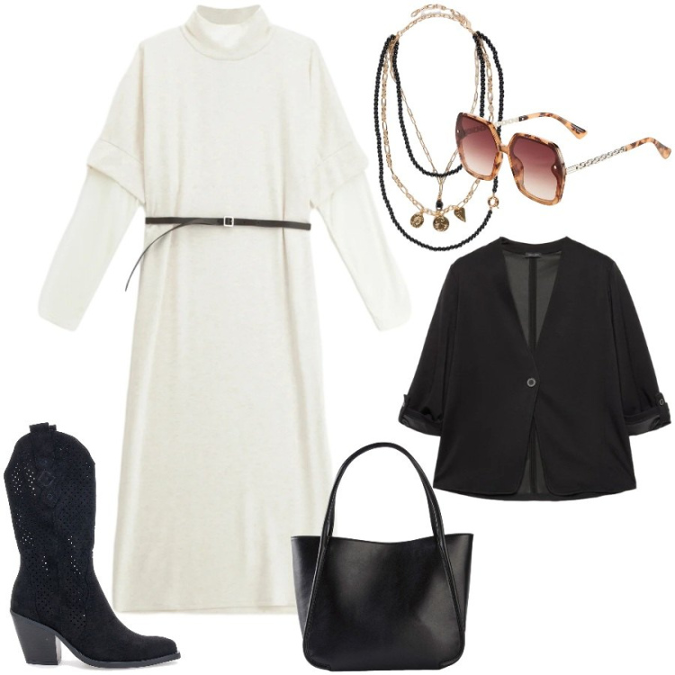 Outfit donna - Total look #2351958. Stile Urban per Tutti i giorni. Abbinamento con shopping bag, occhiali da sole, blazer, collane, vestiti midi/longuette, stivaletti texani.