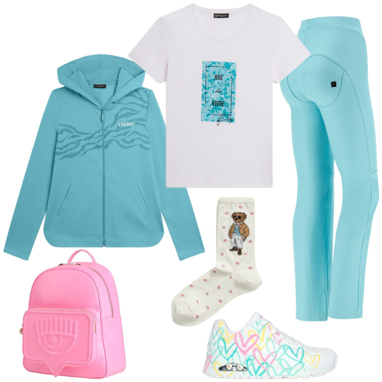 Outfit donna - Passeggiata in ciclabile. per Sport. Abbinamento con zaini, pantaloni, felpe con cappuccio, t-shirt, calzini, sneakers.