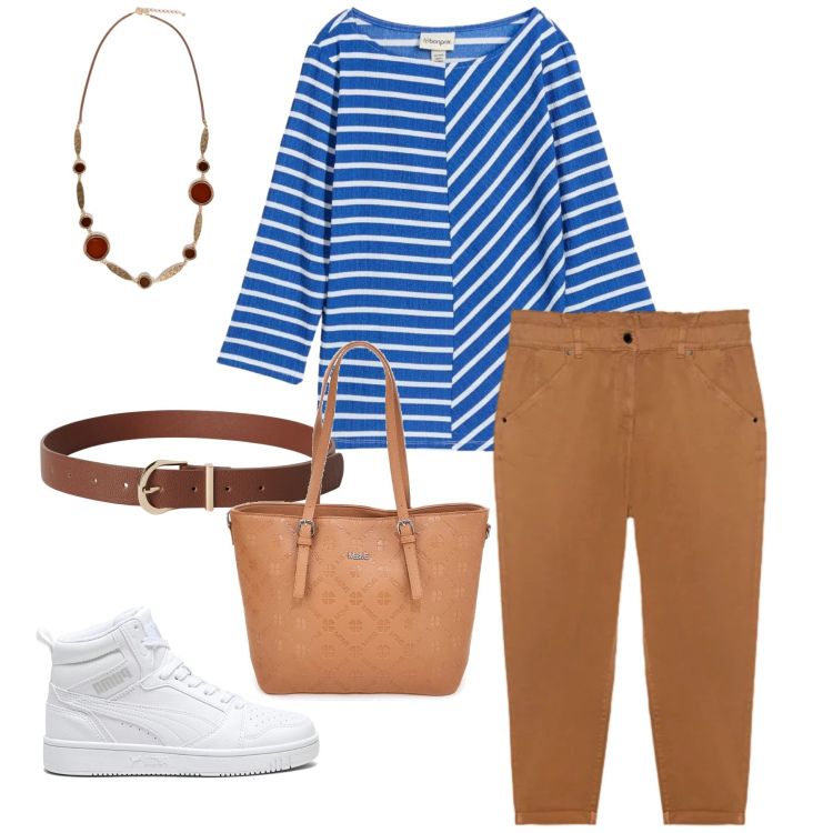 Outfit donna - Eleganza Nautica Urbana. Stile Casual chic per Ufficio. Abbinamento con t-shirt, cinture, pantaloni, collane, sneakers alte, borse a tracolla.