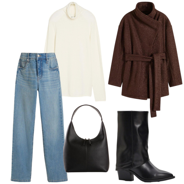 Outfit donna - Marzo piovoso. Stile Basic per Tutti i giorni. Abbinamento con blazer, maglieria, jeans, stivali, shopping bag.