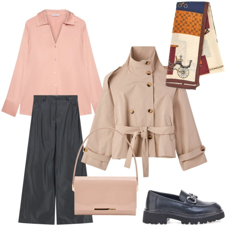 Outfit donna - Total look #2351965. Stile Bon Ton per Ufficio. Abbinamento con caban, camicie, pantaloni a palazzo, pochette, foulard, mocassini.