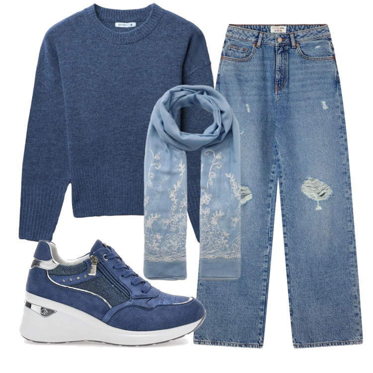 Outfit donna - Total look #2351966. Stile Casual per Ufficio. Abbinamento con jeans strappati, maglieria, sciarpe, sneakers alte.